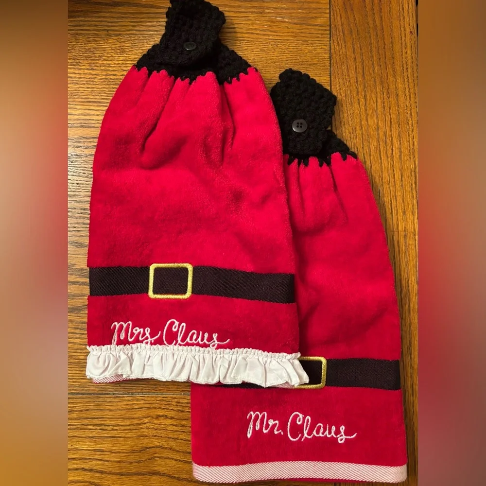 Hand crocheted set of Mr. And Mrs. Claus red/white/black hand towels